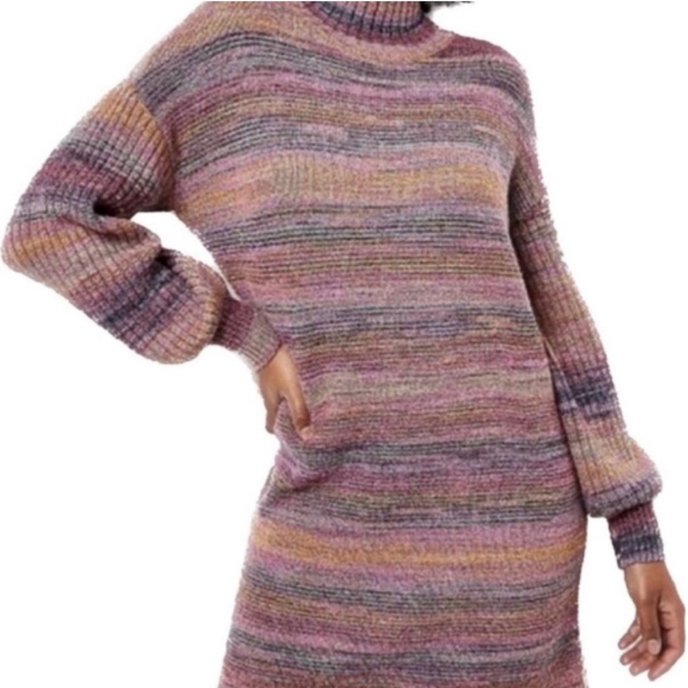 LOFT Long Sleeve Mock Neck Knit Sweater Dress Mini Purple Gold NWOT